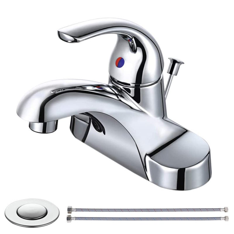 WOWOW Bathroom Faucet 1 Handle Low Arc Single Handle 4 inch Centerset Bathroom Sink Faucet with Lift Rod Drain Assembly Basin Mixer Tap Chrome Vanity Taps - Image 1